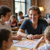 Illustration of a friendly, diverse group of people playing bingo online, smiling and engaged.