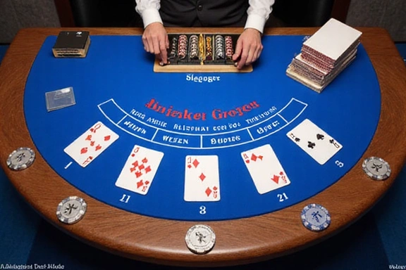 A virtual blackjack table with cards showing 21 and chips