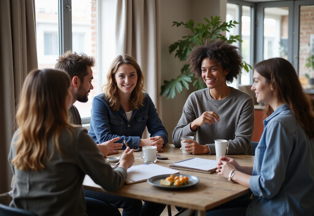A diverse group of people engaged in a discussion, symbolizing community and open communication. The setting is modern and inviting.