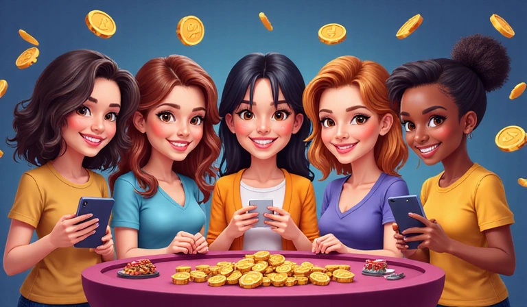 Group of diverse people having fun playing social casino games